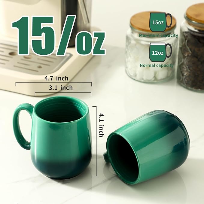 HASENSE 15oz Ceramic Mug Set of 4, Green Ombre Coffee Cups with Handle – Microwave & Dishwasher Safe Large Cappuccino Latte Tea Mugs, Housewarming Gift Idea - Image 2