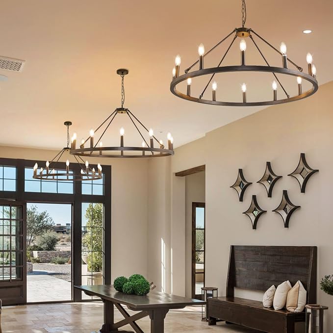 37.5" Black Farmhouse Chandelier,12-Light Large Wagon Wheel Chandelier,Round Dining Room Light Fixtures Over Table,Foyer Chandeliers for High Ceilings,for Kitchen Island,Living Room,Bedroom,Entryway - Image 8