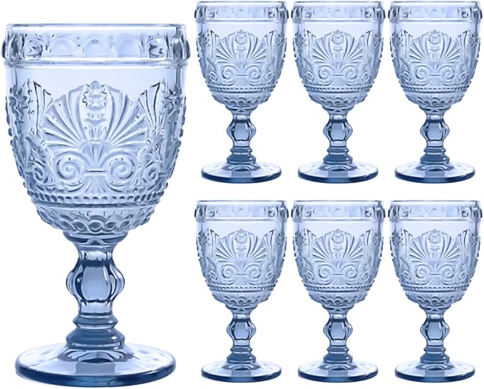 6 Pcs Blue Wine Glasses,Goblet Glasses,Vintage Glassware, Made of Sturdy and Durable Glass Can be Used for Weddings, Everyday Fun Parties and More! by CHICERA