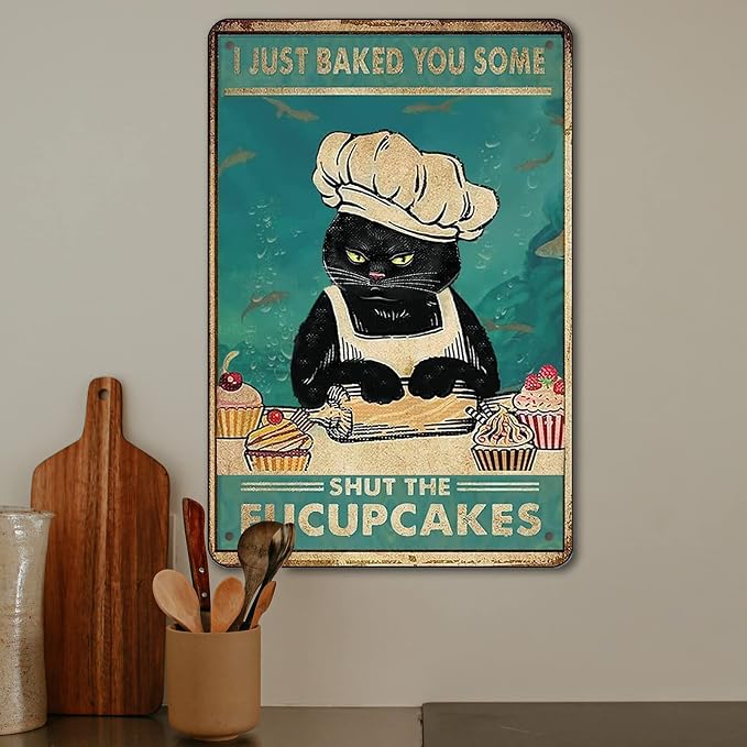 Funny Retro Cat Metal Tin Sign Vintage Kitchen Signs Wall Decor Cat Art Kitty Cats Signs For Home Coffee Bar Cat Art I Just Baked You Some Cakes Sign 8x12 Inch - Image 5