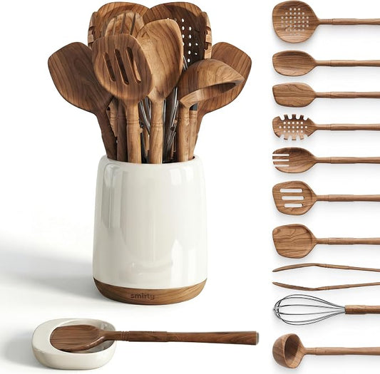 SMIRLY Acacia Wooden Utensil Set with Ceramic Holder & Spoon Rest,12-Piece | Non-Scratch Wooden Spoons for Cooking, Comfortable Grip Luxury Kitchen Gifts for Serving, Nonstick Cookware and Housewarming by Smirly