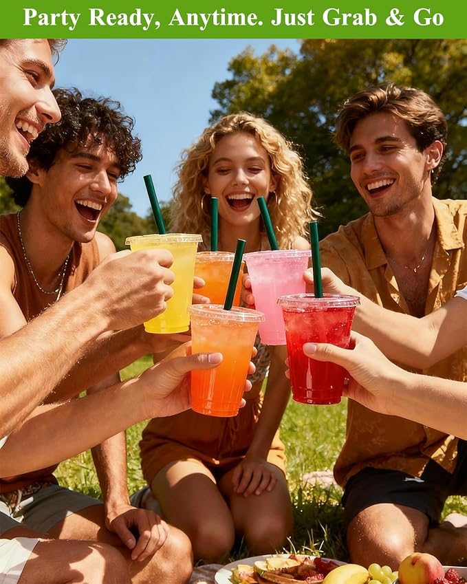 Goodluck 100 Pack 20oz Plastic Cups with Lids and Green Straws, Clear Disposable Iced Coffee Cups, Food Safe Cold Drink Cups for Bubble Tea, Smoothies & Shakes, BPA Free