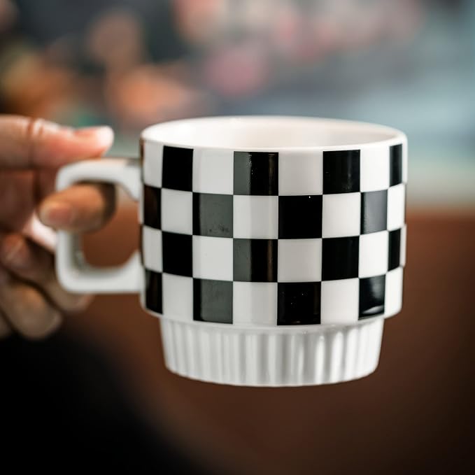 Miamolo Stackable Coffee Mug Set of 4 with Rack and Spoons, Space-saving | 11 oz, Ceramic | Checkered Black and White Pattern | for Coffee Tea Cocoa Milk, Housewarming Gift | Dishwasher Microwave Safe - Image 9