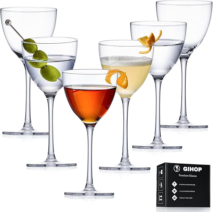 GIHOP Nick and Nora Cocktail Glasses, Small Coupe Martini Glasses Set of 6 | 5.8Oz Hand Blown,100% Lead-Free Crystal Coupe Glassware, Cocktail Glasses for Manhattan, Cosmopolitan, Espresso with Gift Box by GIHOP