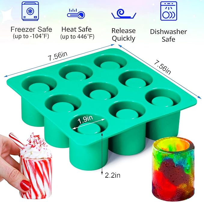 Shot Glass Silicone Molds 9-Cavity Round, Silicone Baking Set For Chocolate, Candy,Ice Cube Trays for Freezer Green