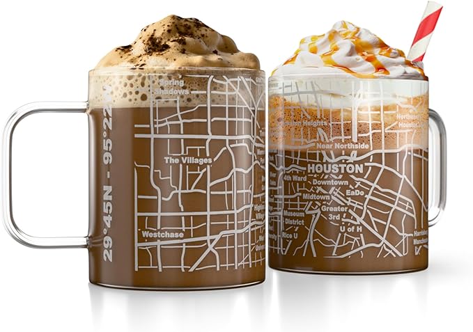 Greenline Goods – Houston, TX Map Glass Coffee Mugs (Set of 2), 16 oz – Etched Wrap Design