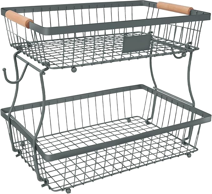 Fruit Basket Bowl 2 Tier Detachable with 2 Banana Hangers, Fruit Stand Holder for Kitchen Countertop, Metal Wire Vegetable Storage Organizer, for Bread Snack Veggies Produce, gray by Lawhood-Mijin