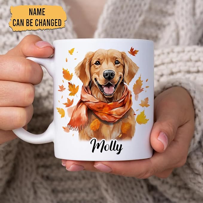 Hyturtle Personalized Fall Dog Maple Leaves Coffee Mug, Fall Autumn Décor | Birthday Gifts For Dog Lovers, Golden Retriever Gift For Farmhouse Thanksgiving Custom Name 11oz White Ceramic Coffee Tea Mug - Image 2