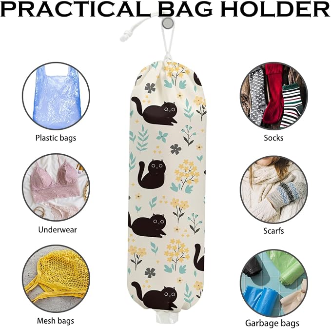 Cute Cat Plastic Bag Holder, Vintage Floral Plastic Bag Holders for Grocery Bags, Washable Grocery Bags Storage Dispenser for Home Kitchen Pantry Decor, Cat Lover Gifts for Women, 22.5x9 Inch - Image 3