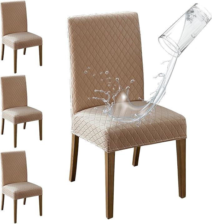 MOSAYT 100% Waterproof Dining Room Chair Covers Set of 4, Super Fit Stretch Jacquard Parson Chairs Slipcovers Removable Washable Chair Seat Protectors for Home, Kitchen, Banquet (Khaki) by MOSAYT