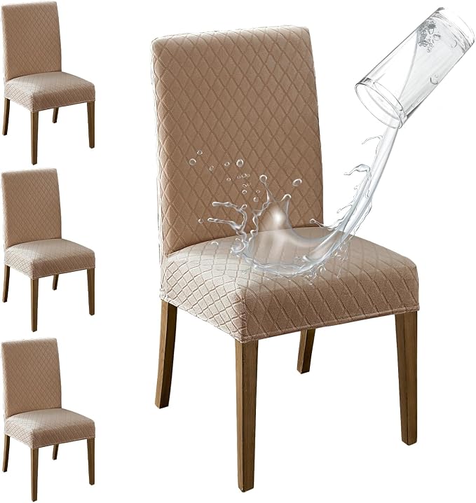 MOSAYT 100% Waterproof Dining Room Chair Covers Set of 4, Super Fit Stretch Jacquard Parson Chairs Slipcovers Removable Washable Chair Seat Protectors for Home, Kitchen, Banquet (Khaki - XL) by MOSAYT