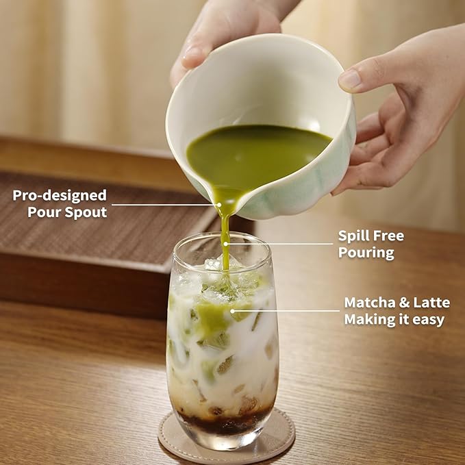 Matcha Whisk Set, 5 Pcs Matcha Kit with Ceramic Bowl (Chawan) with Spout, Bamboo Whisk, Scoop, Sifter, Holder & Tea Cloth – Japanese Matcha Tea Set for Ceremony, Latte & Gifting