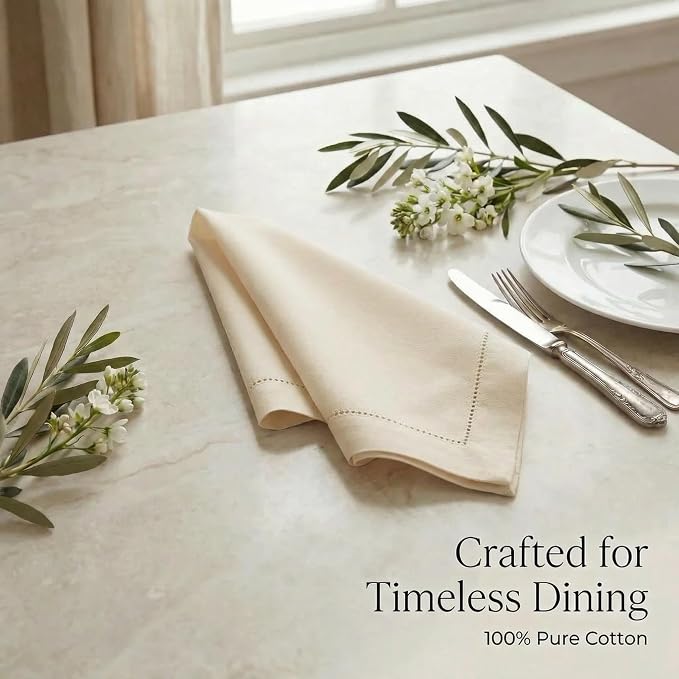 Urban Villa Hemstitch Cloth Dinner Napkins Cotton 20”x20” (Set of 12)-Ivory - Image 8