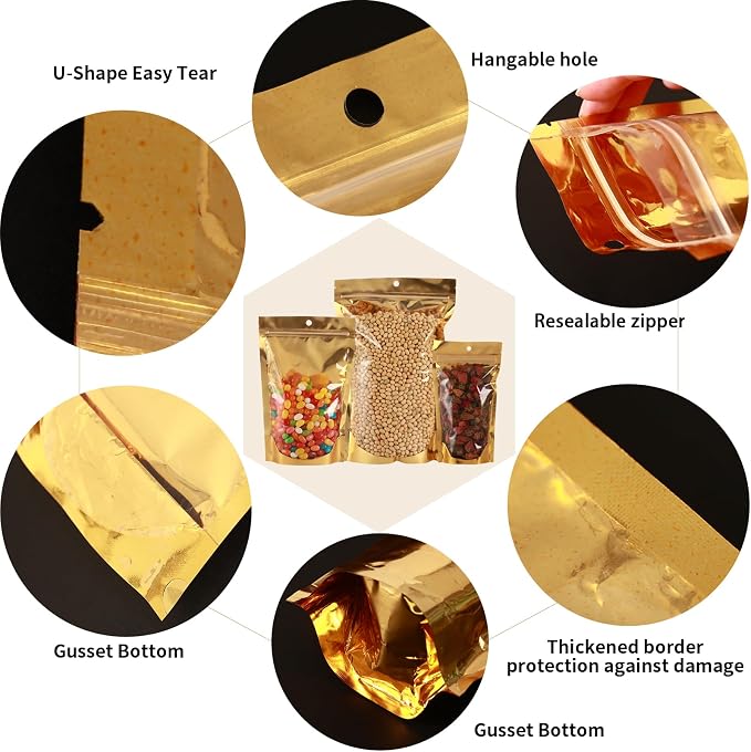 100 Pcs Mylar Bags for Food Storage, 7x10 Mylar Bag with Window Stand Up, 1 Quart Resealable Bags Smell Proof Bag Food Packaging for Small Business Freeze Dried Candy Jewelry Foil Packaging - Image 5