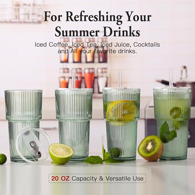 4PCS Green Ribbed Glass Cups with Lids and Straws, 20oz Vintage Drinking Glasses, Aesthetic Iced Coffee Cups, Glass Tumbler for Boba, Beer, Tea, Cocktails, Green Ribbed Glassware Set - Image 5