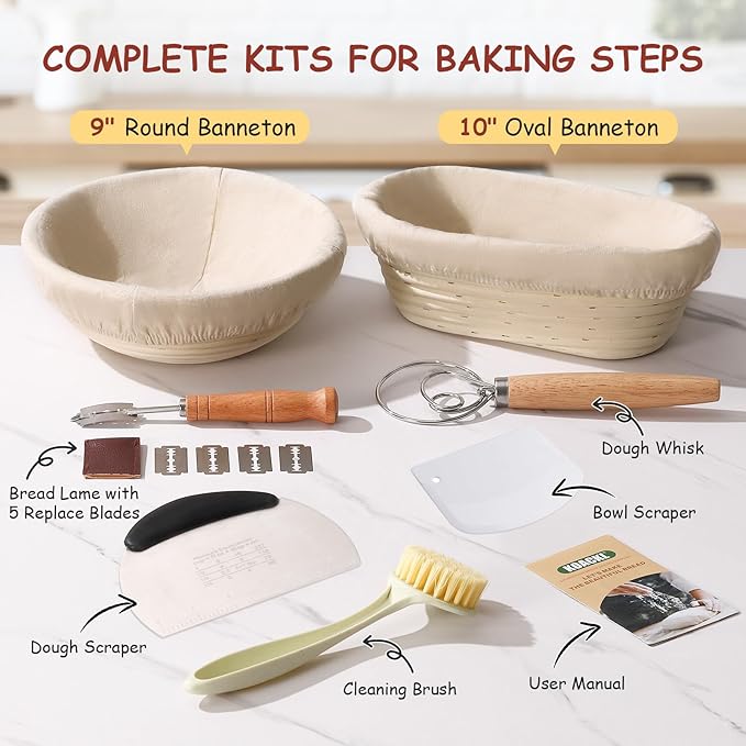 Sourdough Starter Kit, 9" Round & 10" Oval Sourdough Bread Baking Supplies Banneton Proofing Bread Baskets Set, Sourdough Tools Kit for Beginner and Professional Bakers, Bread Making Tools