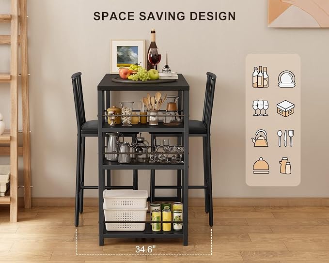 Gizoon 3-Piece Bar Dining Table Set for 2, Kitchen Table w/Shelves Black | Space-saving black bar height table set with 3 storage shelves. Includes 2 high-density PU cushion chairs that tuck away. - Image 2