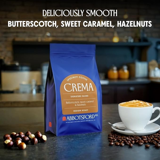 Crema Coffee Whole Bean, Specialty Coffee, Arabica Medium Roast Coffee Beans, Signature Blend with Butterscotch, Sweet Caramel & Hazelnut Flavors, 12 oz Bean Bag, Freshly Roasted in Brooklyn, Kosher Certified