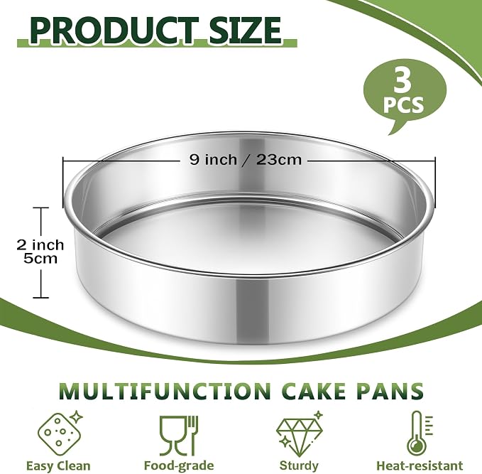 P&P CHEF 9 Inch Cake Pan Set of 3, Stainless Steel Round Cake Baking Pan | Layer Cake Tin Bakeware for Cooking Steaming, Ideal for Birthday Wedding Anniversary, Fit for Home & Commercial Use - Image 2