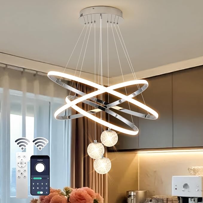 ORANOOR LED Modern 3 Ring Chandeliers, 24inch Dimmable Kitchen Pendant Lamp | Silver Dining Room Light Fixtures Ceiling Hanging Over Table, Globe Round Chandeliers for Living Room Dining Room, Chrome by ORANOOR