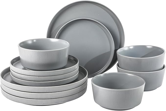 Gibson Home Dempsey Road 12-Piece Stoneware Dinnerware Set – Service for 4, Round Grey Plates and Bowls, Durable Solid Color Modern Embossed Dish Set, Microwave & Dishwasher Safe by GibsonHomewares
