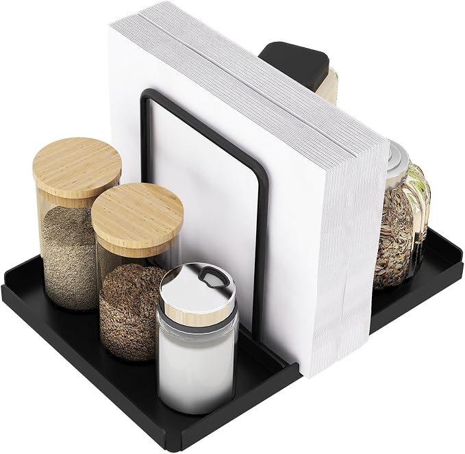 Napkin Holder for Table with Salt and Pepper Shakers Caddy, Black | Metal Napkin Holder, Standing Paper Napkin Storage for Kitchen Dining Table Decor by Audmore