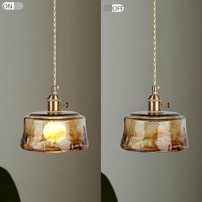 Sedelan Galss Pendant Light, Vintage Pendant Lights Kitchen Island Adjustable Tea Color-Amber Hanging Light Fixture for Living Room Dining Room Bedroom E26 - Image 8