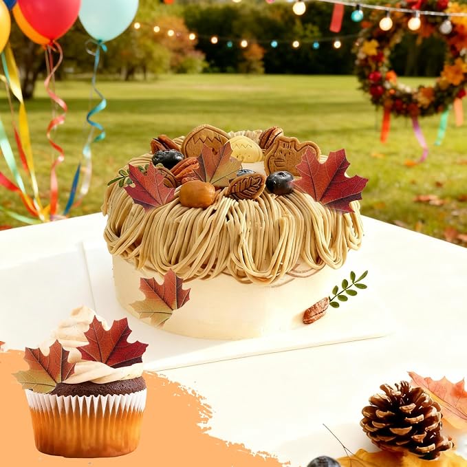 50 Edible Maple Leaf Cake Toppers Autumn Leaf Cupcake Decorations for Christmas, Birthday, and New Year Party Decorations - Image 5