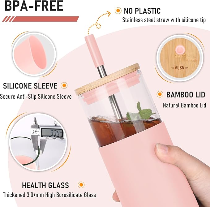 Glass Cups with Lids and Straws - 40 oz Tumbler with Handle - 16 oz Reusable Water with Bamboo Lid, Stainless Steel Straw, Silicone Sleeve for Coffee, Smoothi, Hot, Cold Drinks (2 Count)