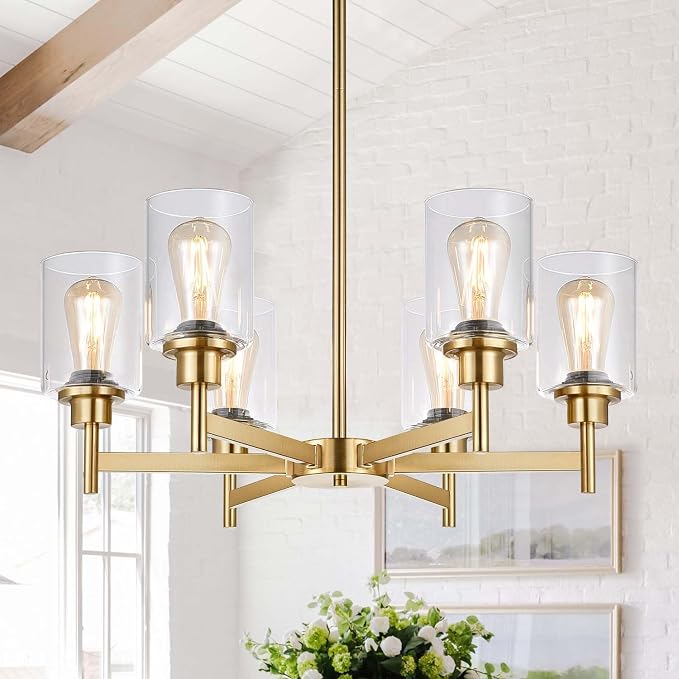 Lynnoland Brushed Gold Chandeliers, 6 Light Farmhouse Chandelier for Dining Room Light Fixtures Over Table, Hanging Light Fixture with Clear Glass Shade for Living Room Bedroom by BringBrightnesstoYourLife