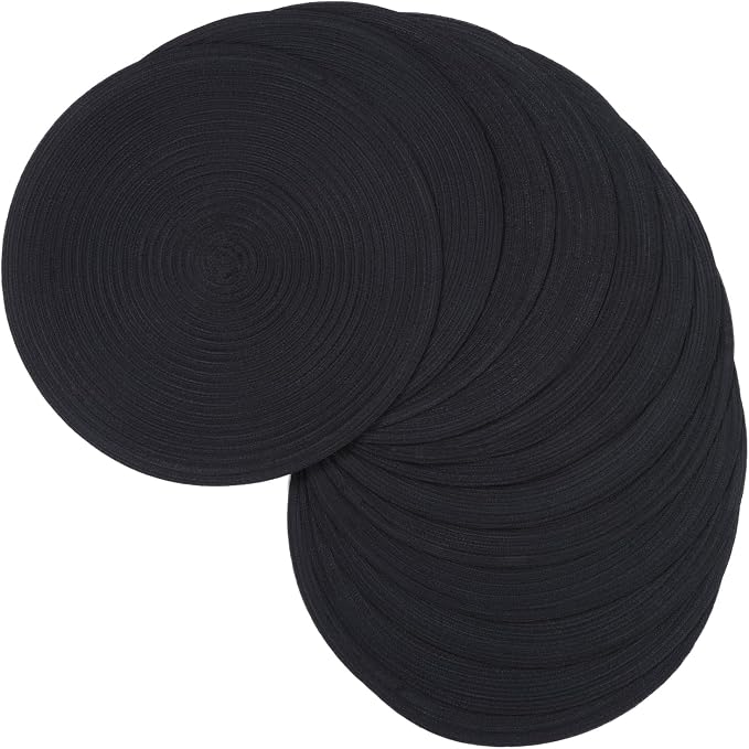 SHACOS Black Round Placemats Set of 12 Heavy Cotton Polyester Woven Braided Place Mats Washable Heat Resistant Non Slip Table Mats by SHACOS