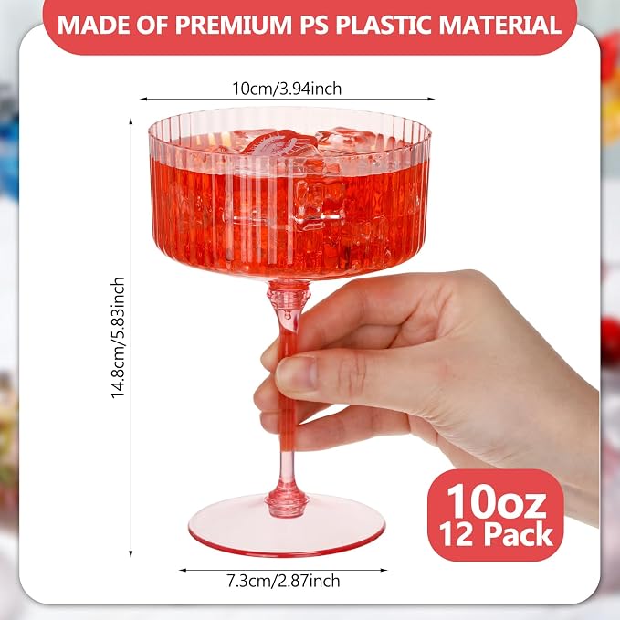 Jingmore 12 Pcs Ribbed Martini Glasses 10 oz Disposable Plastic Vintage Ribbed Coupe Glasses Unbreakable Dessert Parfait Glassware for Wedding Birthday Party Supplies (Pink) - Image 2