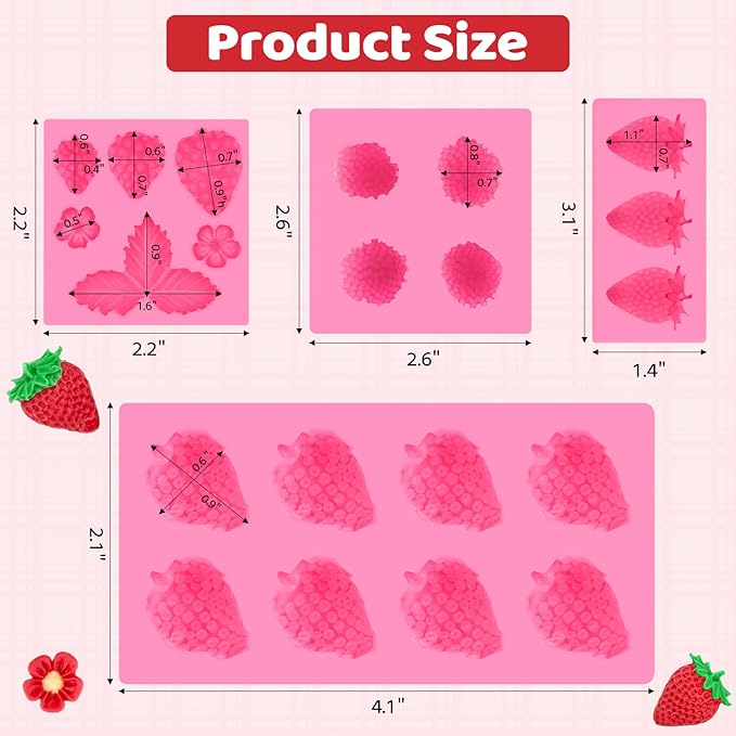 4 Pcs Strawberry Fondant Molds, Strawberry Chocolate Molds, 3D Flower Fruit Silicone Baking Molds for Cake Decoration, Cupcake Topper, Candle, Clay, Wax Making