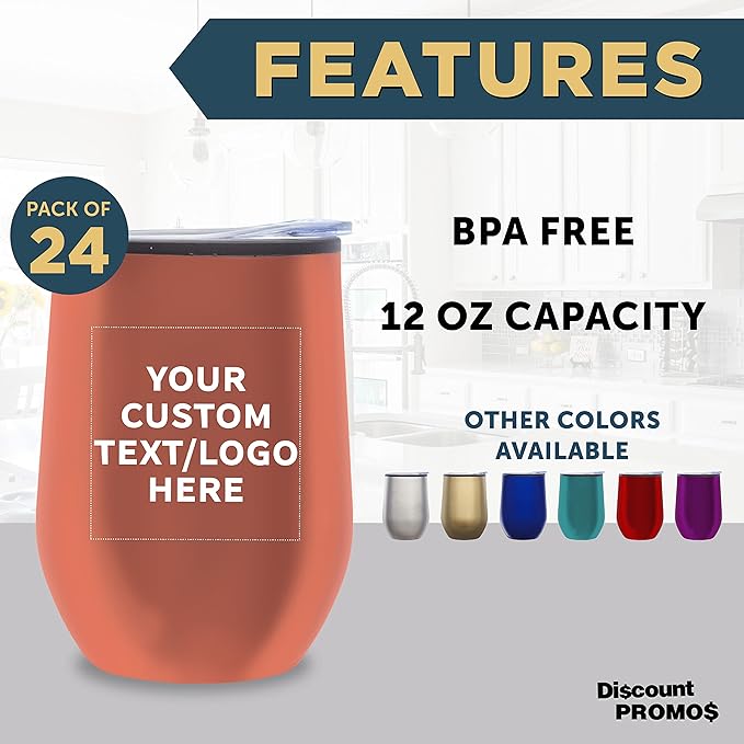 Custom Stemless Wine Tumblers 12 oz. Set of 24, Personalized Bulk Pack - Insulated, Perfect for Wine, Cocktails, Other Hot & Cold Beverages - Rose Gold