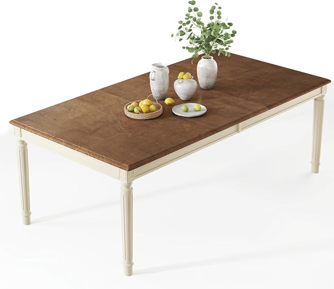 AMERLIFE 79" Rustic Farmhouse Dining Table with Solid Wood Top, Cream | Solid Wood Construction, Roman Conical Legs, Large Rectangular Design, Seating for 6 to 8 - Image 8