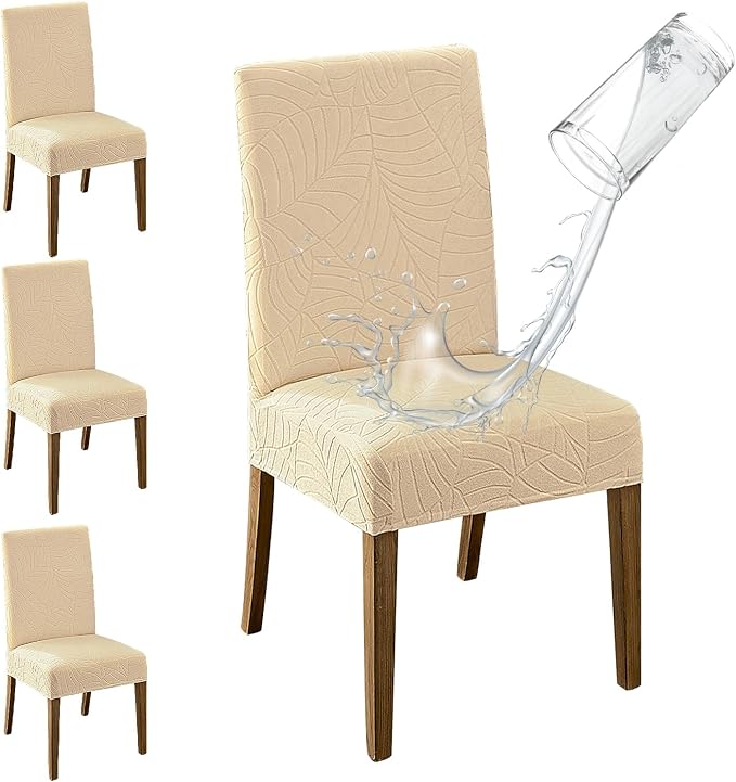 MOSAYT 100% Waterproof Dining Room Chair Covers Set of 4, Super Fit Stretch Jacquard Parson Chairs Slipcovers Removable Washable Chair Seat Protectors for Home, Kitchen, Banquet (Beige - XL) by MOSAYT