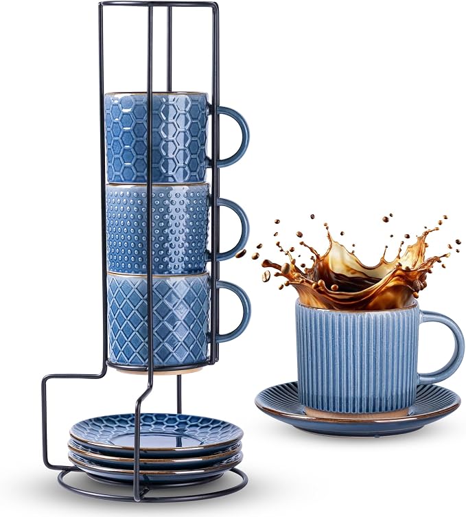 GBhome 6 OZ Stackable Coffee Mugs Set of 4, Ceramic Espresso Coffee Cups | Coffe Cups With Saucer and Stand, Dishwasher&Microwave Safe, 4 Assorted Designs by GBhome