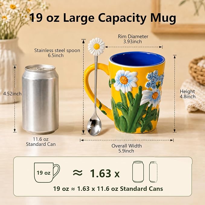 Ceramic Coffee Mug, 19 oz Large Floral Mug with Lid, Novelty Hand-Painted Mugs with Handle & Spoon, Dishwasher & Microwave Safe Cups for Coffee, Tea, Cocoa, Birthday Housewarming Wedding Gift - Yellow - Image 3