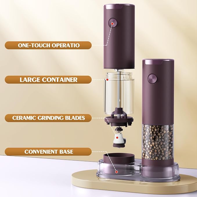 Electric Salt and Pepper Grinder Set Automatic Battery Pepper Mill Shakers Adjustable Coarseness Upgraded Larger Capacity with Led Home and Kitchen Appliances(Burgundy) - Image 7