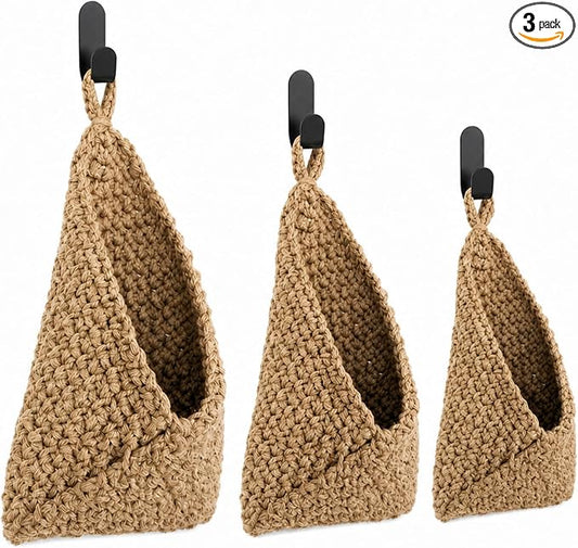 Honeydak Boho Decor Hanging Wall Baskets for Kitchen 3 Pack Teardrop Baskets with Hooks Storage Fruit Onion Vegetable Potato for Home 3 Sizes(Linen,Triangle,Jute) by Honeydak