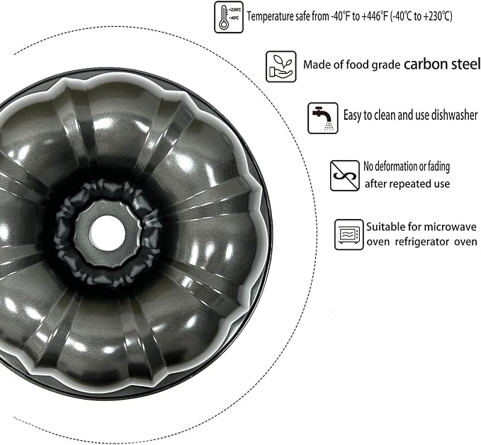 Kundalini Classic Bakeware 9.5 Inch Non-stick Fluted Cake Pan,Heavy Duty Carbon Steel Tube Baking Mold Gray - Image 3