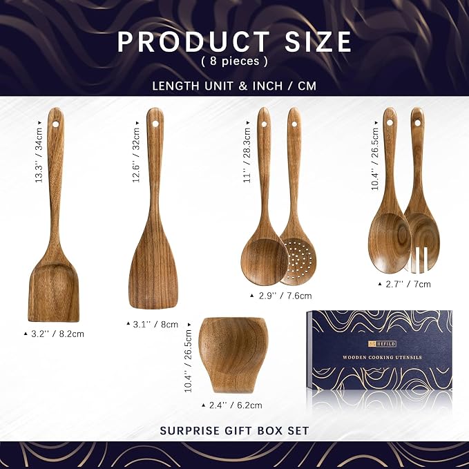Wooden Spoons for Cooking, 7-Piece Acacia Wood Utensil Gift Set | Spoons and spatulas stir, mix, flip and serve; gift-ready box makes it ideal for housewarmings, weddings and new kitchens. - Image 2