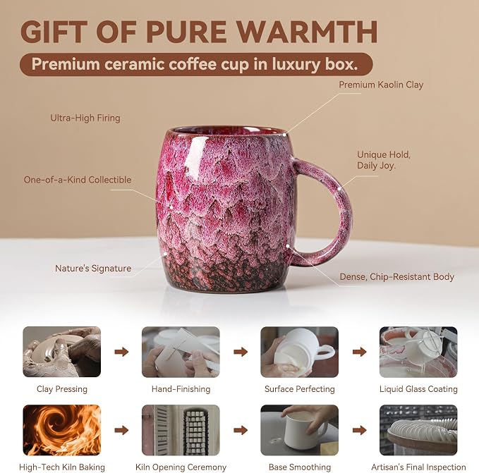 Roseate Nebula Ceramic Coffee Mug - 14 oz Unique Reactive Glaze Coffee Cup with Artful Handle, Barrel Cute Mug for Women Men Home Office Gift Box - Image 4