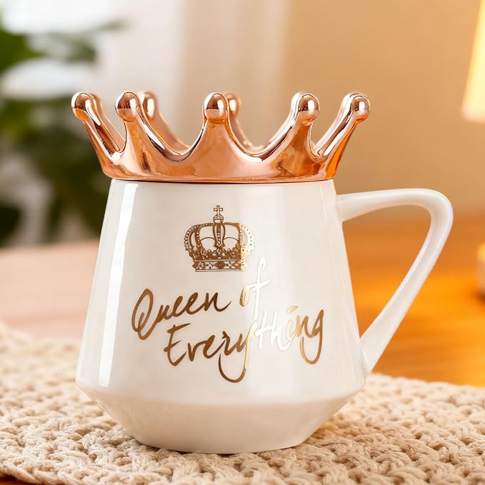 Arawat Queen of Everything Mug with Lid Sweet White Mug with Crown Coffee Mugs Gift with Spoon & Coaster 12 oz Ceramic Cup Birthday Gift for Women Mom Girlfriend Valentine's Day Gifts for Women - Image 3