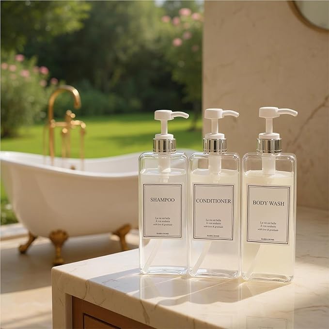 Modern Design Large 27 oz Shampoo and Conditioner Dispensers - Plastic Refillable Pump Bottle Set for Bathroom Shower Soap Dispenser, Includes 6 Waterproof Labels, Set of 3 (Clear & Silver)