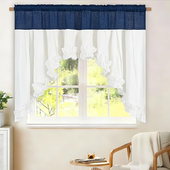 Likiyol Linen Valances for Windows Farmhouse Ruffle Swag Valance Rustic Country Window Valances Light Filtering Kitchen Curtains Rod Pocket Valance Curtains for Bathroom, Navy Blue White, 60"W x 36"L - Image 3