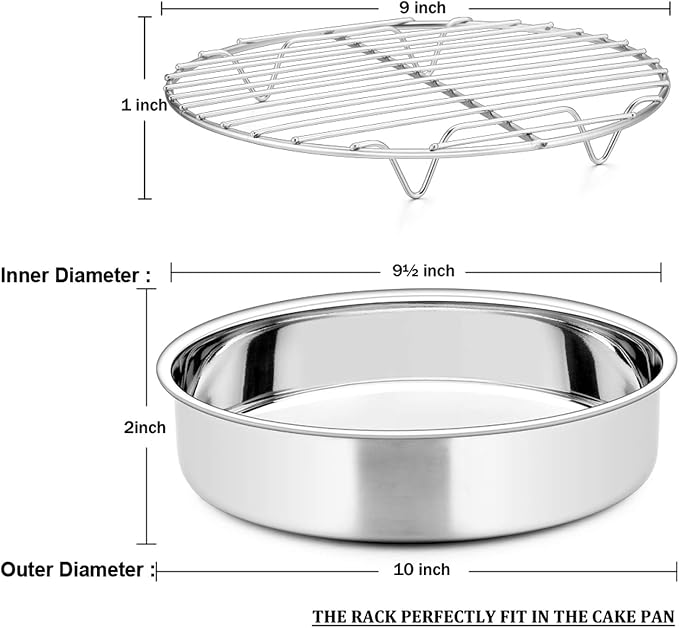 E-far 9½-inch Cake Pan with Rack Set, Stainless Steel Round Cake Pans and Baking Cooling Racks, Non Toxic & Healthy, Mirror Polished & Dishwasher Safe - 4 Pieces (2 Pans + 2 Racks) - Image 4
