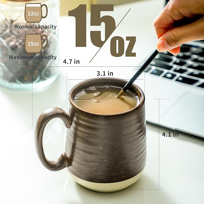 Hasense Coffee Cups Set of 6, 15 oz Stoneware Coffee Mugs with Big Handles, Modern Tea Cup for Indoor and Outdoor for Cocoa, Milk, Tea, Hot Chocolate, Soup, Valentine's Day Gifts, Brown - Image 2