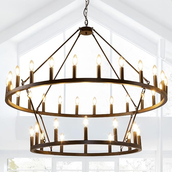 47 Inch Black Wagon Wheel Chandelier, 2 Tier 36-Lights Farmhouse Chandelier for Living Room, Round Rustic Dining Room Light Fixture, Extra Large Foyer Chandeliers for High Ceilings, for Entryway by SofaFurniture