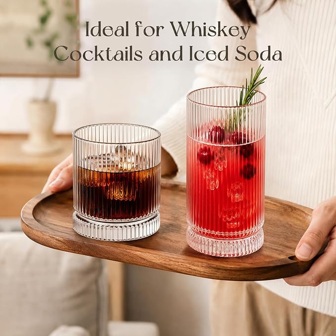 KEMORELA Ribbed Glassware Set of 8—4 Large Capacity Highball Glasses 16oz, 4 Rocks Glass Cups 13oz, Cocktail Glasses, Drinking Glasses Ideal for Beer, Juice, Ice Coffee Cup, Whiskey, Mixed Drinkware - Image 5